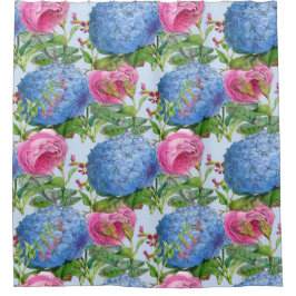 Giant Blue Hydrangeas en Roos Pattern Douchegordijn
