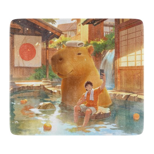Giant Capybara – Hot Spring Illustratie Snijplank (Voorkant)