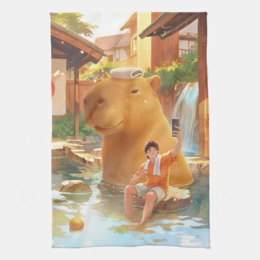 Giant Capybara – Hot Spring Illustratie Theedoek (Verticaal)