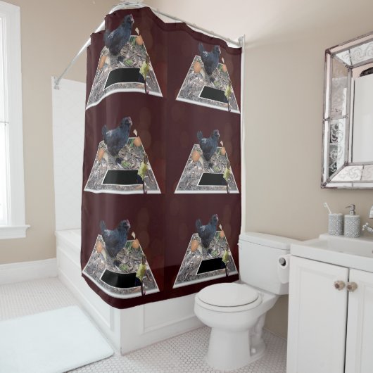 Giant Chicken Crushing Eggs, Shower Curtain Douchegordijn (In situ)
