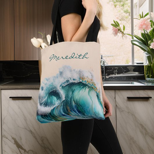 Giant Cresting Blue Green Ocean Wave met Monogram Tote Bag