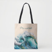 Giant Cresting Blue Green Ocean Wave met Monogram Tote Bag (Voorkant)