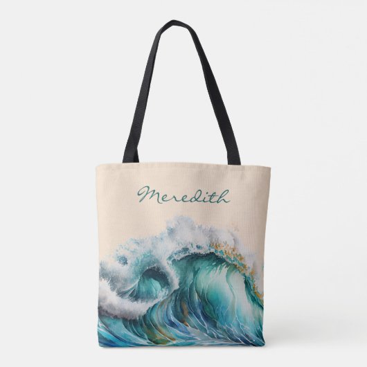 Giant Cresting Blue Green Ocean Wave met Monogram Tote Bag (Achterkant)
