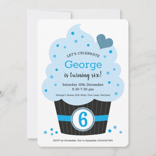 Giant Cupcake Birthday Party Invitation Blue Kaart (Voorkant)