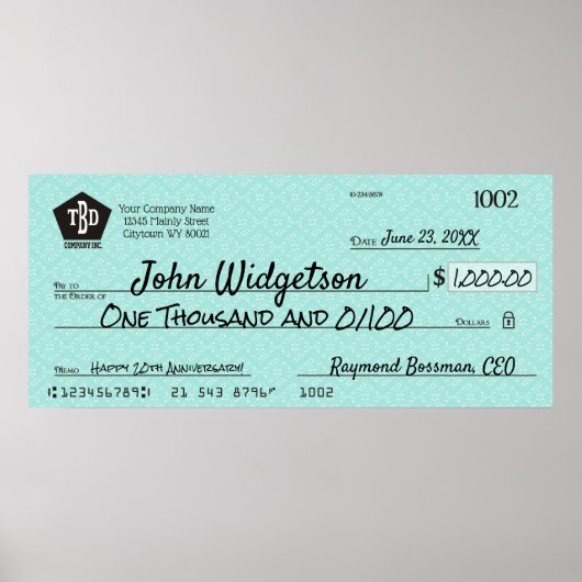 Giant faux Presentation check-bonusprijs voor lief Poster (Voorkant)