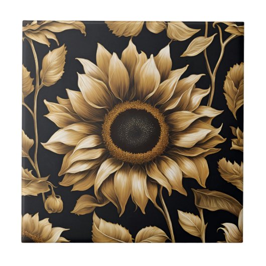 Giant Gold Zonnebloem op Zwart Tegeltje (Voorkant)