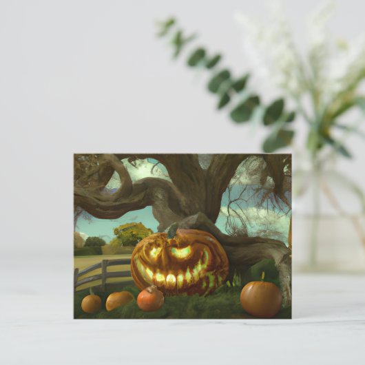 Giant Jack-O' Lantern Mangled Tree Halloween Feestdagenkaart (Staand voorkant)