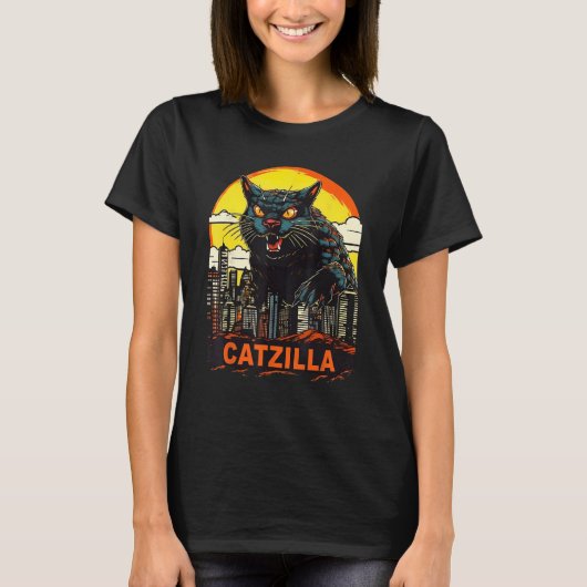 Giant kitty kat catzilla in een stad catzilla t-shirt (Voorkant)