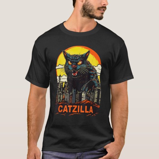 Giant kitty kat catzilla in een stad catzilla t-shirt (Voorkant)