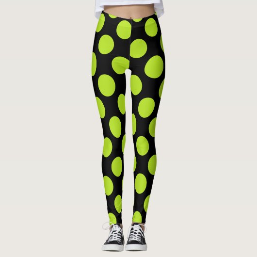 Giant Lime Green Polkadots on Black Leggings (Voorkant)