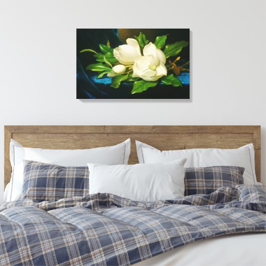 Giant Magnolias op een blauw fluwelen doek (Heade) Canvas Afdruk (Insitu (Slaapkamer))