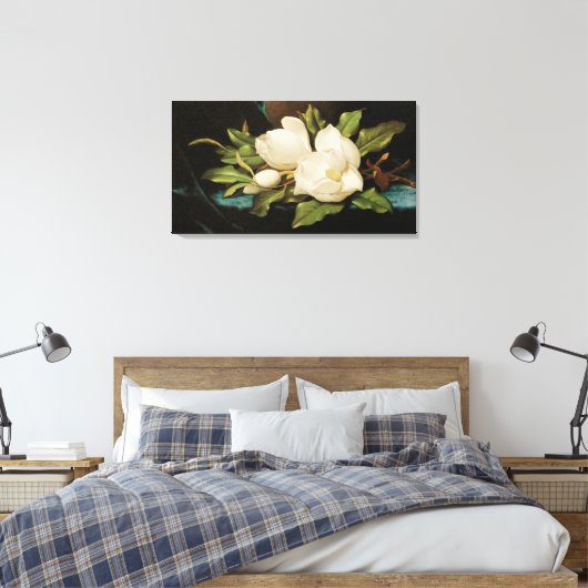 Giant Magnolias op een blauwe vlinderkast van MJ H Canvas Afdruk (Insitu (Slaapkamer))