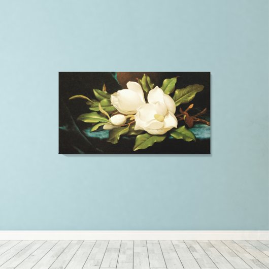 Giant Magnolias op een blauwe vlinderkast van MJ H Canvas Afdruk (Insitu (Houten vloer))