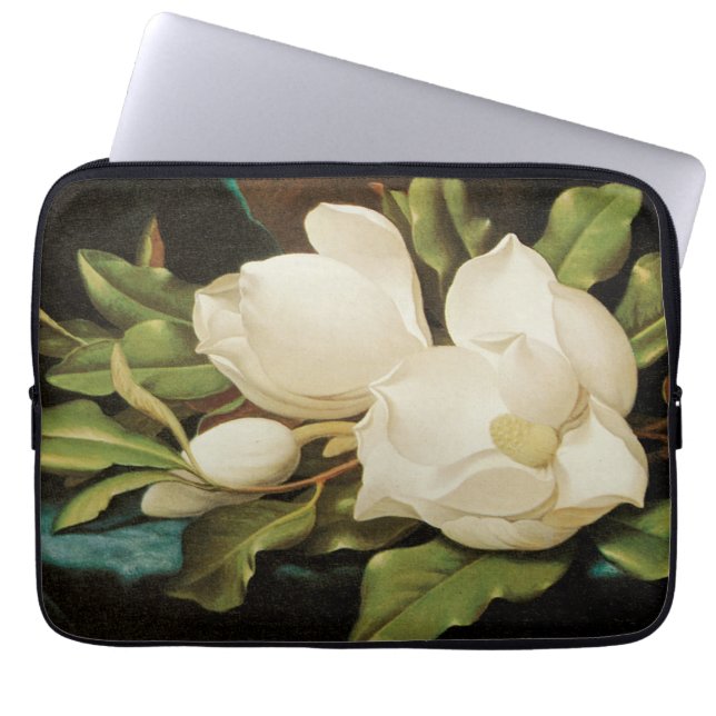 Giant Magnolias op een blauwe vlinderkast van MJ H Laptop Sleeve (Voorkant)