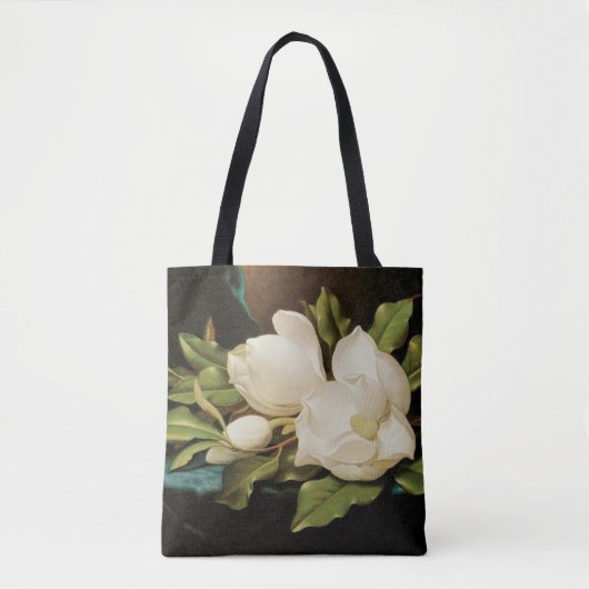 Giant Magnolias op een blauwe vlinderkast van MJ H Tote Bag (Voorkant)