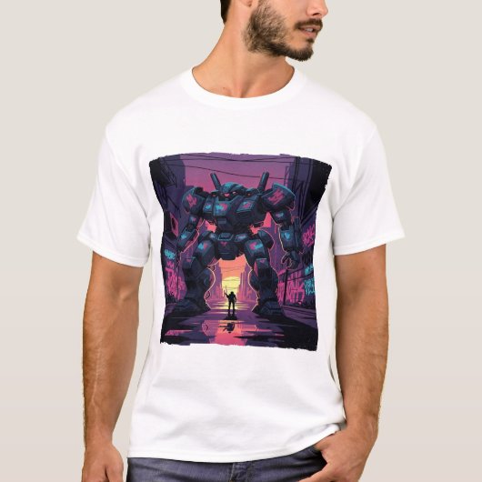 Giant Mech Robot vs Human | Cyberpunk City Sunset  T-shirt (Voorkant)