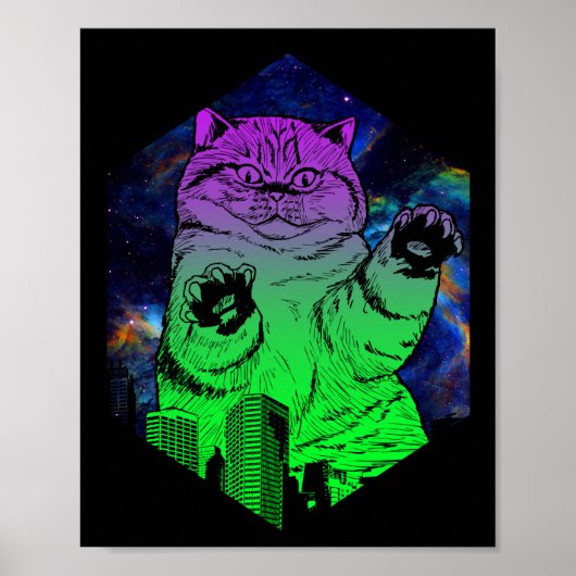 Giant Monster Catzilla aanvallen Cat Skyline Poster (Voorkant)