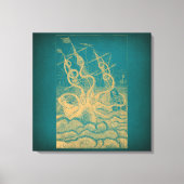 Giant Octopus Attacking Ship Blauwgroen Antiek Kra Canvas Afdruk (Voorkant)