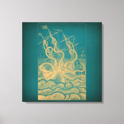 Giant Octopus Attacking Ship Blauwgroen Antiek Kra Canvas Afdruk (Voorkant)