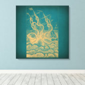 Giant Octopus Attacking Ship Blauwgroen Antiek Kra Canvas Afdruk (Insitu (Houten vloer))