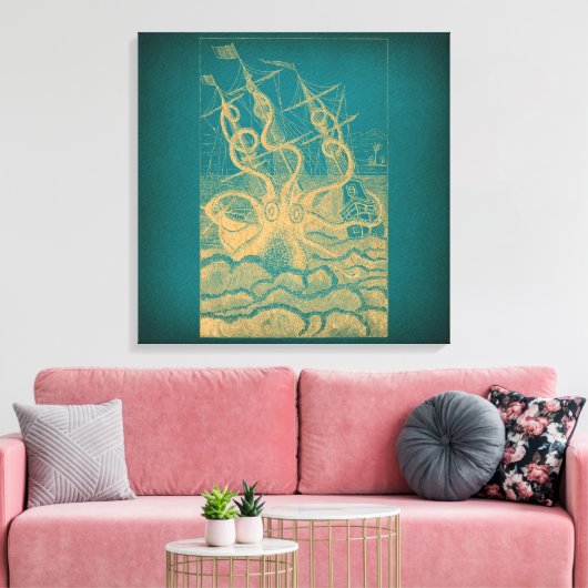 Giant Octopus Attacking Ship Blauwgroen Antiek Kra Canvas Afdruk (Insitu (Woonkamer))