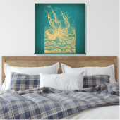 Giant Octopus Attacking Ship Blauwgroen Antiek Kra Canvas Afdruk (Insitu (Slaapkamer))