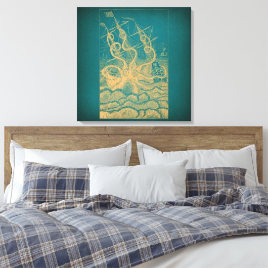 Giant Octopus Attacking Ship Blauwgroen Antiek Kra Canvas Afdruk (Insitu (Slaapkamer))