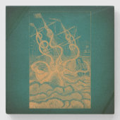 Giant Octopus Attacking Ship Blauwgroen Antiek Kra Stenen Onderzetter (Voorkant)