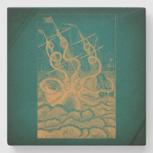 Giant Octopus Attacking Ship Blauwgroen Antiek Kra Stenen Onderzetter