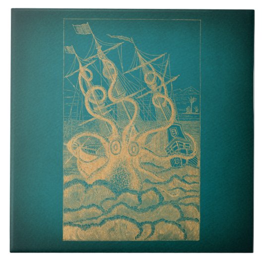 Giant Octopus Attacking Ship Blauwgroen Antiek Kra Tegeltje (Voorkant)