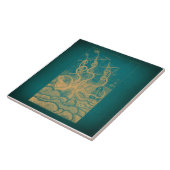 Giant Octopus Attacking Ship Blauwgroen Antiek Kra Tegeltje (Zijkant)