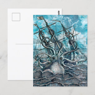 Giant Octopus Blue Zee Monster Sailboat Briefkaart
