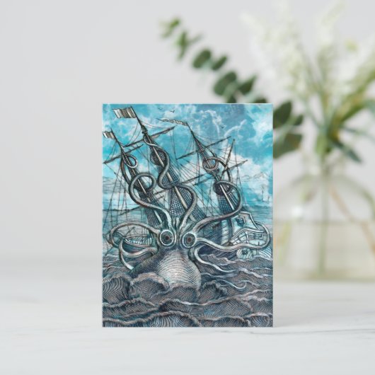 Giant Octopus Blue Zee Monster Sailboat Briefkaart (Staand voorkant)