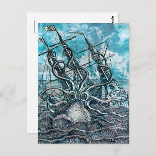 Giant Octopus Blue Zee Monster Sailboat Briefkaart (Voorkant / Achterkant)