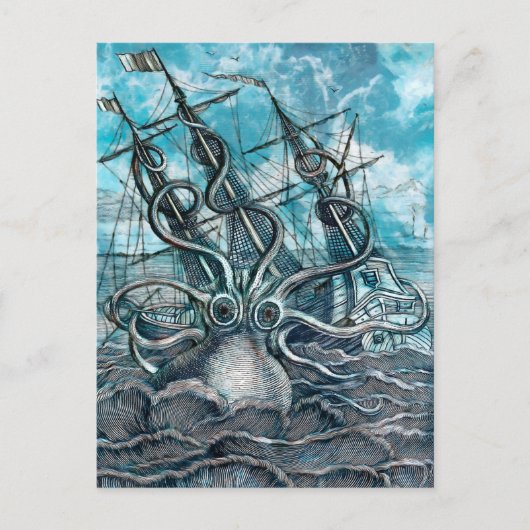 Giant Octopus Blue Zee Monster Sailboat Briefkaart (Voorkant)