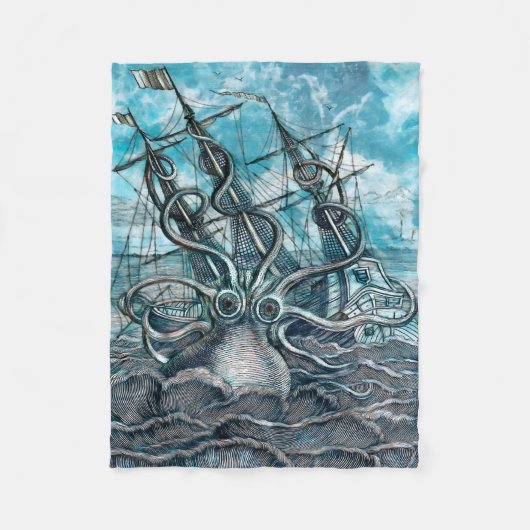 Giant Octopus Blue Zee Monster Sailboat Fleece Deken (Voorkant)
