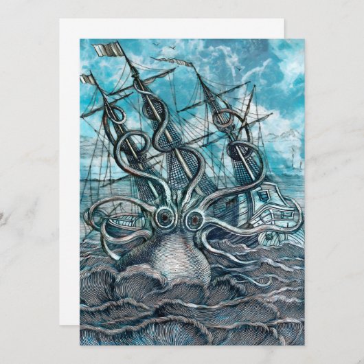 Giant Octopus Blue Zee Monster Sailboat Kaart (Voorkant / Achterkant)