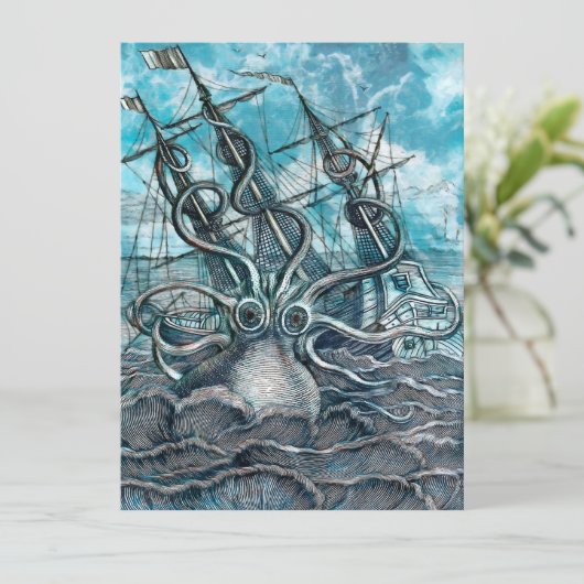 Giant Octopus Blue Zee Monster Sailboat Kaart (Staand voorkant)