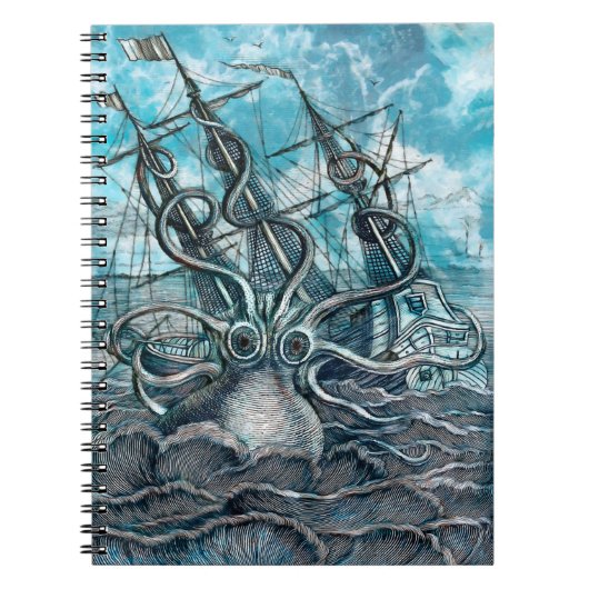 Giant Octopus Blue Zee Monster Sailboat Notitieboek (Voorkant)
