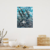 Giant Octopus Blue Zee Monster Sailboat Poster (Keuken)