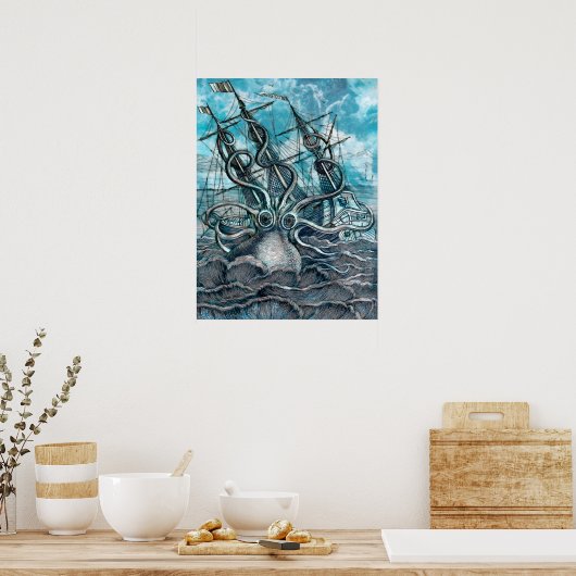 Giant Octopus Blue Zee Monster Sailboat Poster (Keuken)