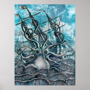 Giant Octopus Blue Zee Monster Sailboat Poster
