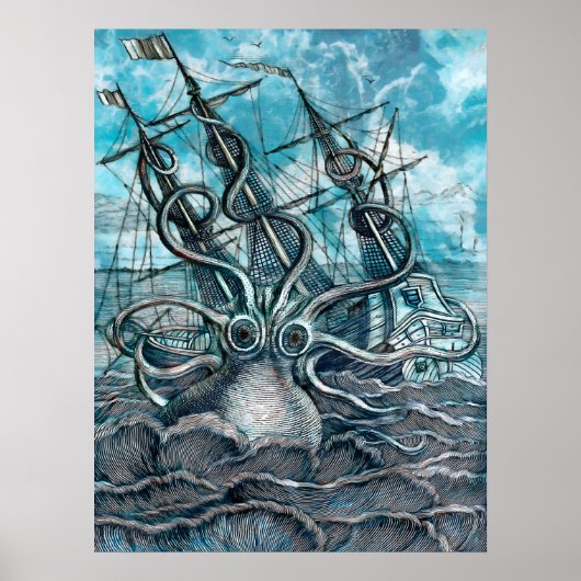 Giant Octopus Blue Zee Monster Sailboat Poster (Voorkant)