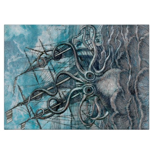 Giant Octopus Blue Zee Monster Sailboat Snijplank (Voorkant)