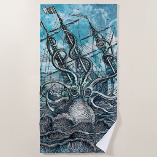 Giant Octopus Blue Zee Monster Sailboat Strandlaken (Voorkant)