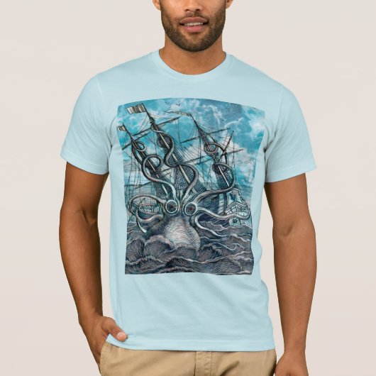 Giant Octopus Blue Zee Monster Sailboat T-shirt (Voorkant)
