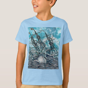 Giant Octopus Blue Zee Monster Sailboat T-shirt