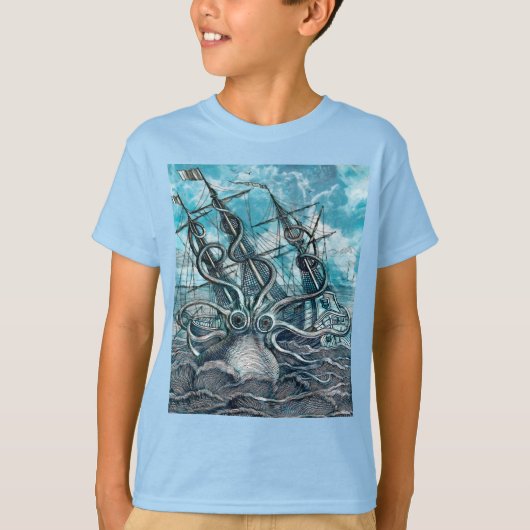 Giant Octopus Blue Zee Monster Sailboat T-shirt (Voorkant)