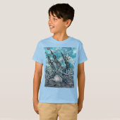 Giant Octopus Blue Zee Monster Sailboat T-shirt (Voorkant volledig)