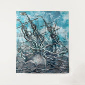 Giant Octopus Blue Zee Monster Sailboat Wandkleed (Voorkant)